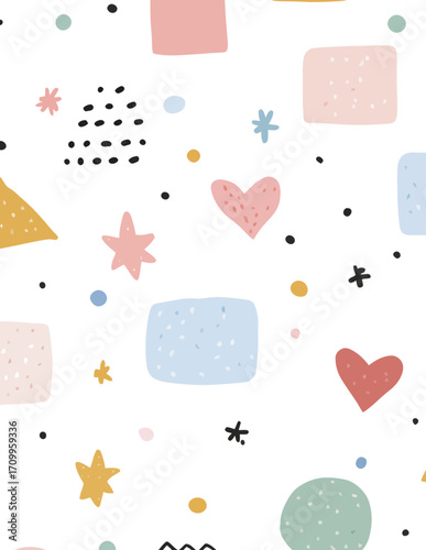 Motif vectoriel pastel, formes géométriques et cœurs