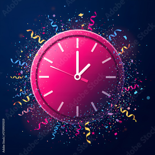 Vibrant Pink Midnight Clock with Confetti and Streamers