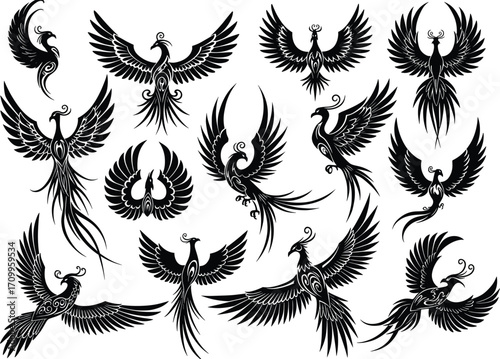 Phoenix bird silhouette set with tribal wings, flying legendary creature, mythical firebird vector design, decorative tattoo style illustration