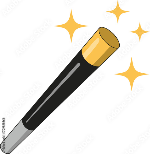 Black and Gold Magic Wand with Yellow Stars on White Background Keywords: magic, wand, fantasy, spell, wizard, witch, fairy