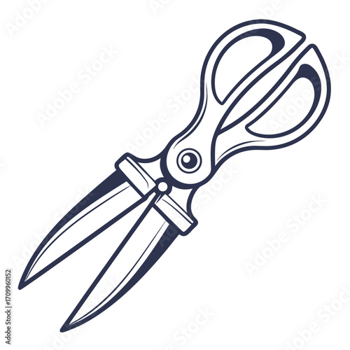 Pair of sharp steel scissors, an open cutting tool with a black handle, isolated on a white background
