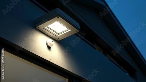 Outdoor led security light with motion sensor on building wall at night. Modern technology banner. Home safety and surveillance concept. Energy saving and property protection.