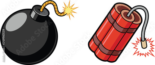 Black Round Bomb and Red Dynamite Sticks with Exploding Fuses on White Background explosion wick