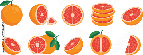 Assortment of whole and sliced grapefruits with leaves on white background citrus