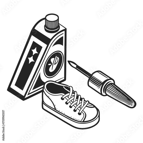 Hand-drawn sketch illustration of a black pencil and a brush, isolated vector on a white background