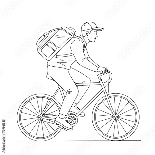Delivery man riding bicycle with backpack in urban setting  