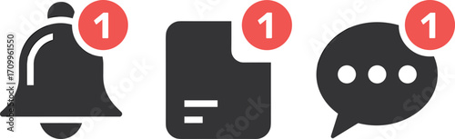 Notification icons bell document and speech bubble with number one vector illustration