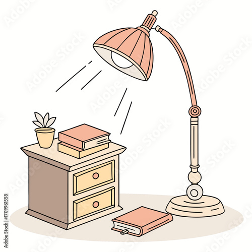 A vintage vector set illustration of various desk and table lamps with books and furniture for home interior design