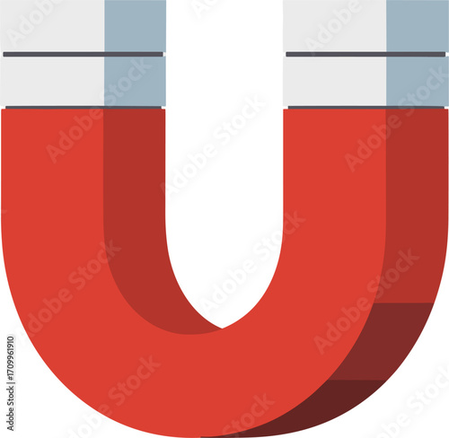 Red horseshoe magnet with silver poles on white background Keywords: magnet, horseshoe magnet, U-shaped magnet, magnetic
