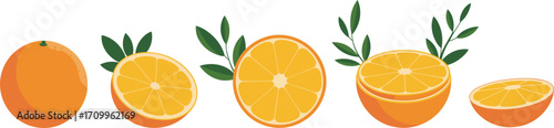 Collection of Whole and Sliced Oranges with Green Leaves on White Background fruit citrus