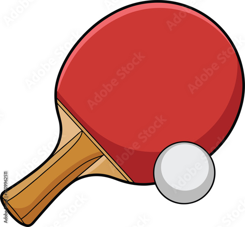 Red ping pong paddle and white ball on white background Keywords: ping pong, table tennis, paddle, racket, ball, sports, game