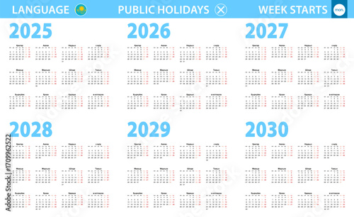Calendar in Kazakh language for year 2025, 2026, 2027, 2028, 2029, 2030. Week starts from Monday.
