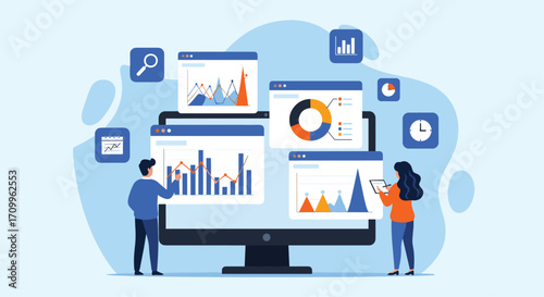 Diverse team analyzes digital data with charts and graphs on multiple computer screens