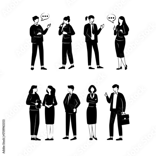 The speaking bundle illustration concept is realized through a vast collection of flat, modern scenes, each capturing the dynamics of male and female business individuals in diverse speaking bundle