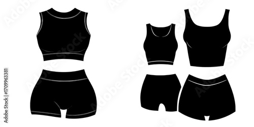womens athletic two piece outfit sleeveless collared cropped top and boy shorts flat sketch modern illustration technical cad drawing template