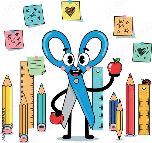 Cartoon scissors character holding an apple surrounded by school suppliesCartoon scissors character holding an apple surrounded by school supplies