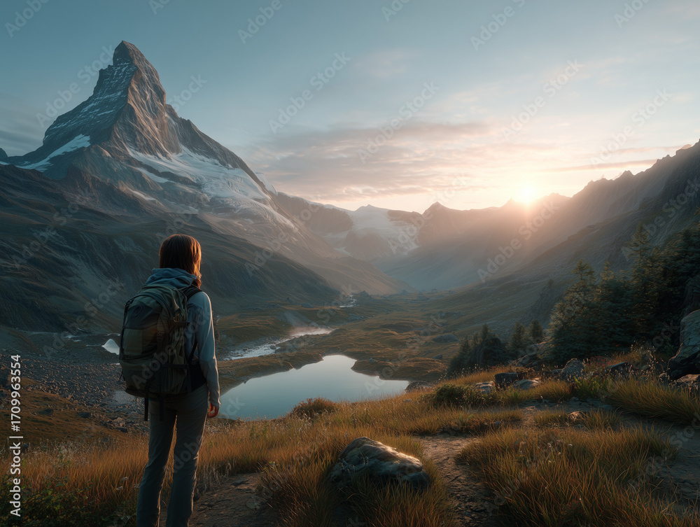 Obraz premium Hiker observing majestic matterhorn at sunrise in swiss alps