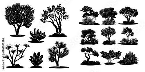 Isolated cartoon bushes are showcased in this modern illustration design element set