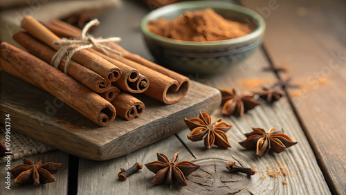 Fototapeta Naklejka Na Ścianę i Meble -  Cinnamon Sticks and Star Anise on Wooden Surface spice
