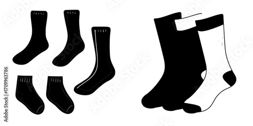 A full set of socks and stockings is depicted in a flat sketch fashion illustration drawing template, suitable for unisex men's and women's designs, including knee-length socks and hosiery