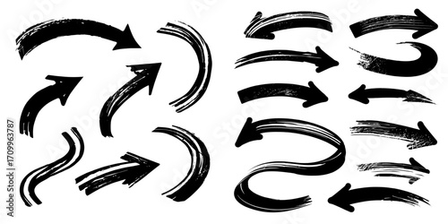 Curved and wavy brush strokes accompanied by scratches form a unique set of arrows, including bold and thick markers pointing in different directions, all hand-drawn in a modern style