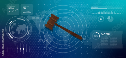 Futuristic digital dashboard displaying global legal data with a judge gavel integration of technology and justice ideal for topics of legal tech cyber law and global legal system