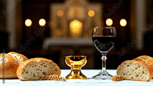 Bread, wine, and golden chalice for holy communion on church altar. Close-up with blurred background. Eucharist and christianity concept. Easter celebration banner