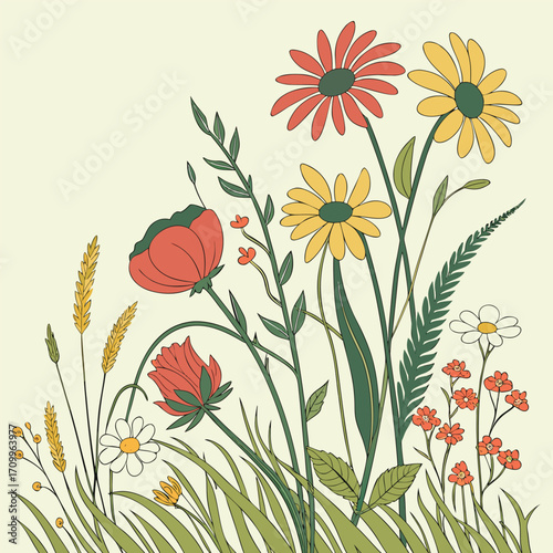 Vibrant floral vector illustration with a seamless pattern of red poppies and spring flowers in a natural bouquet design