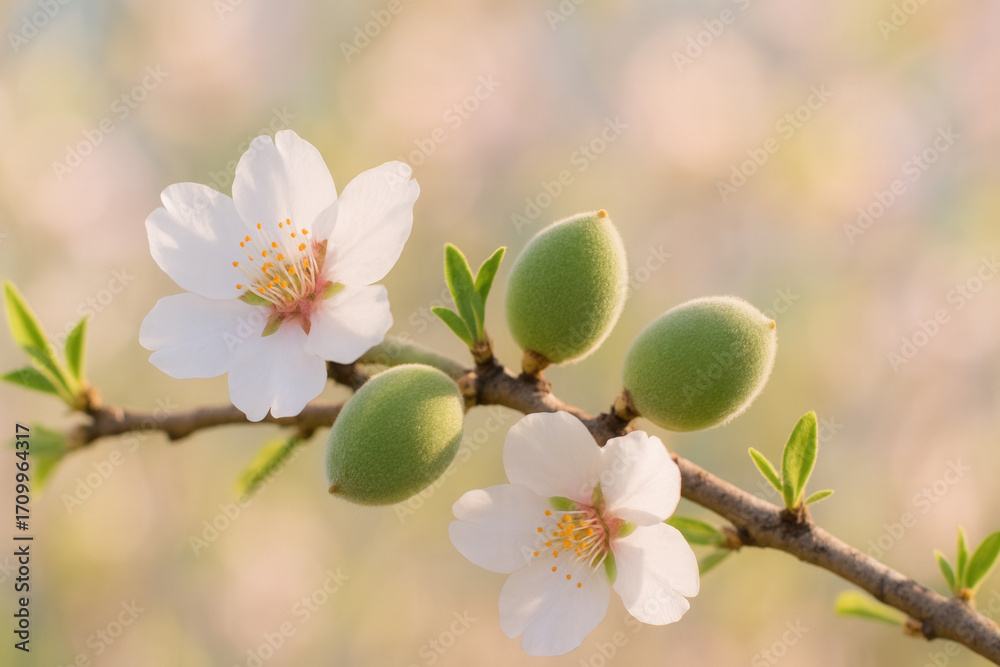Obraz premium Almond Blossom Branch With White Flowers And Unripe Green Fruit In Spring Light