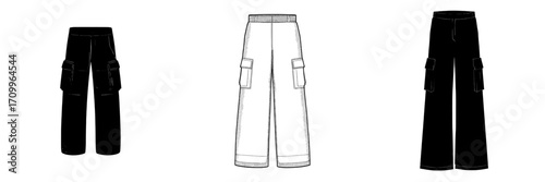 A fashion flat sketch for Tech Pack featuring nylon wide long pants is shown from the front view, showcasing a street style multi-pocket design in black and white modern graphics for garment
