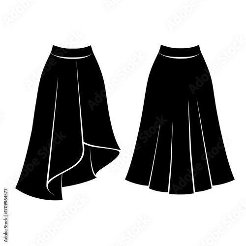 Fashion illustration of a women's midi length asymmetric skirt in flat sketch style, featuring front and back views