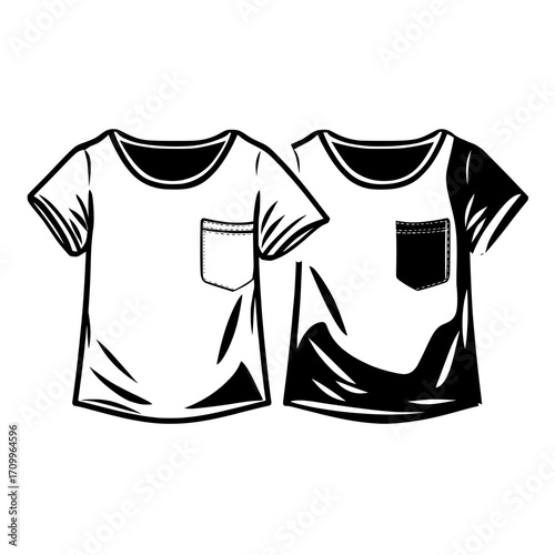 A fashion illustration drawing of a baby girl's T-shirt is provided in a flat sketch template, showcasing both front and back views, and includes a toddler version with a pocket