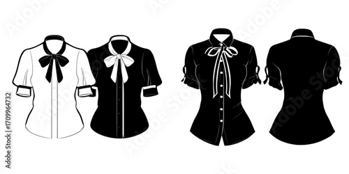 Technical fashion illustration of a bow tie neck shirt, including a tie neck blouse template with short flutter sleeves in white, shown from front and back views as a women's CAD mockup