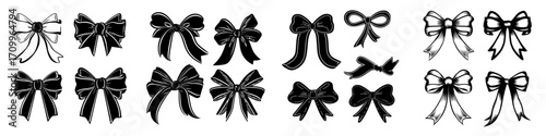 A collection of bows, including outline icons featuring elegant ribbons and ties, stickers symbolizing wedding celebrations and birthday party decorations, all in a hand-drawn style and presented in