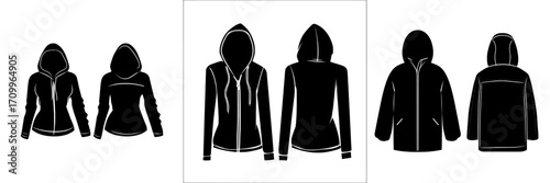The design of a women's shell hoodie jacket parka is presented in a flat sketch illustration, showcasing a sweatshirt with a hood and views from the front and back, suitable for girls and women