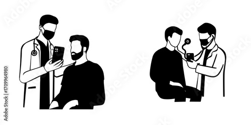 Doctors are using a smartphone's medical app to conduct a patient examination, which is part of an online medical consultation, shown in a modern flat illustration