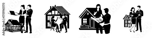 An isolated illustration depicts a woman architect and a male client collaborating on a project plan, symbolizing people working together to build a house