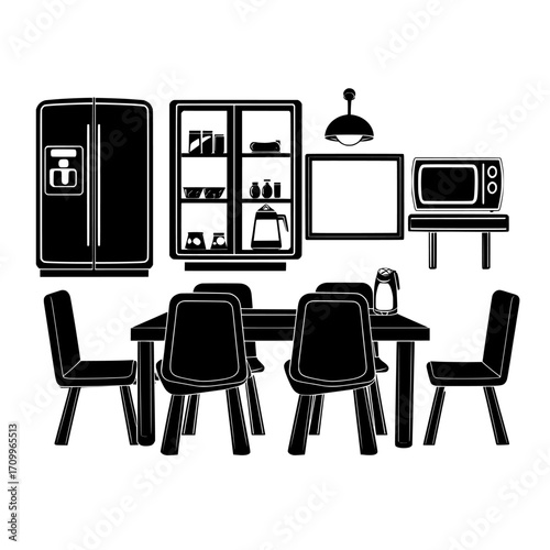 Isolated on a white background, a modern cartoon illustration showcases office kitchen furniture, comprising a fridge, cupboards with snacks, a table, chairs, an electric kettle, a lamp, and a