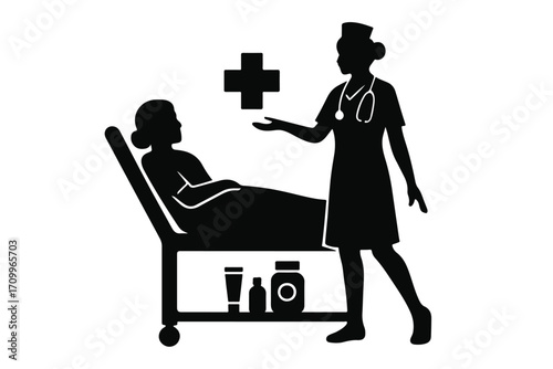 Nurse silhouette guiding patient in hospital bed