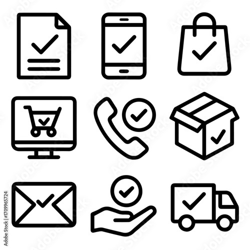 Collection of Simple Black Line Icons with Checkmarks for Online Services.