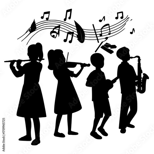In a modern cartoon illustration, children are shown playing music instruments, including the flute, violin, guitar, and saxophone, during a school concert, with the scene set against a black