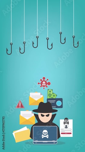 Hacker with laptop computer stealing confidential data, personal information and credit card detail. Hacking concept.	