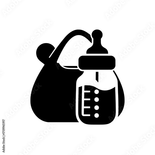 A modern set of flat baby health icons includes images of breast milk and a mother operating a breast pump