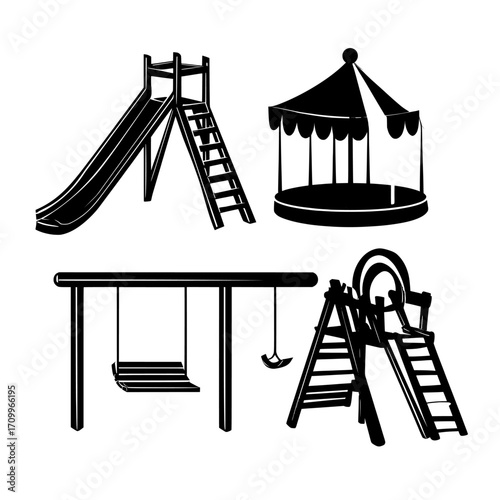 Isolated on a white background is a modern illustration of cartoon playground equipment, including a wooden slide, swing, carousel, and colorful ladder, designed for children's outdoor fun and active