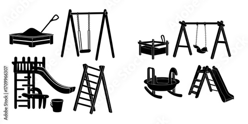A modern illustration of a playground set, featuring a sandbox with a toy bucket, a wooden swing, a ladder, and a horse spring rocker, all on a white background for kids' outdoor recreation