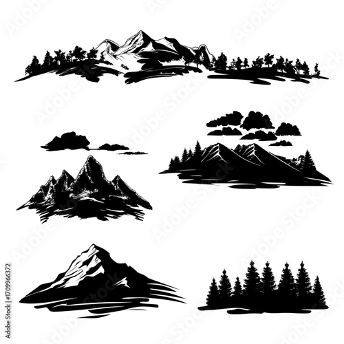 Mountain adventure and travel template design incorporates a modern illustration of mountain forest landscape collection displayed in a vertical poster with flat colors
