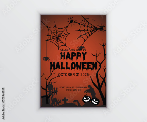 Halloween Poster with Spider Web and Creepy Tree Silhouette