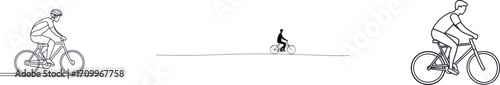 The modern illustration features a bicycle rider, a man with a helmet and bag, riding a bike, who may be going to school or campus, all captured in a single line drawing