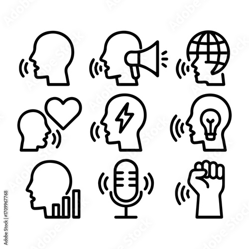 Communication Icons Depicting Speech Ideas Global Reach and Power in Bold Lines.