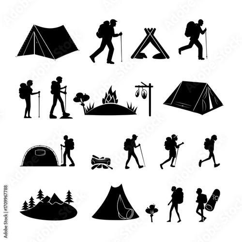 The collection comprises modern flat illustrations of hiking and camping activities, designed for integration into various digital and print media, including websites, mobile applications, landing